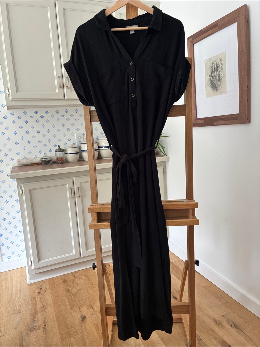 Falls Creek linen and viscose Black Maxi Shirt Dress with Tie Waist